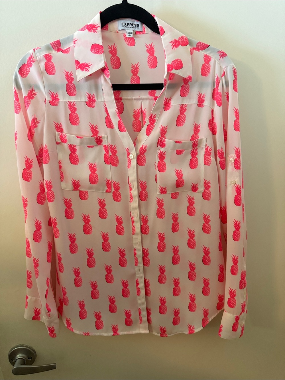 Express Sheer Pineapple Print Blouse - Hot Pink on White